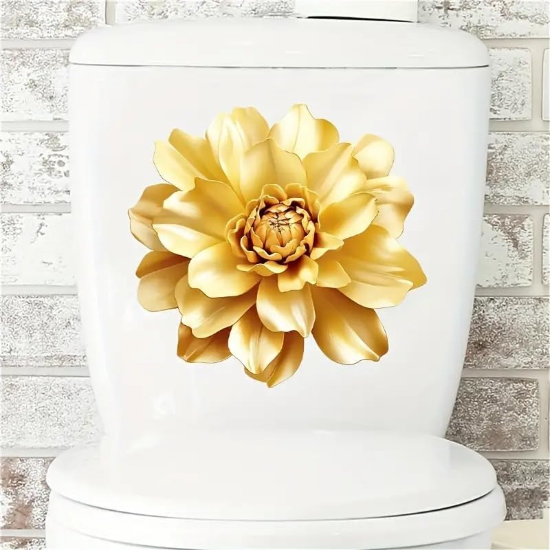 Gold Dahlia Flower Toilet Cover Sticker Decals,Spring Flower Leaf Butterfly Waterproof Toilet Lid Tank Seat Decals Cistern Self-Adhesive Bathroom Wall Sticker