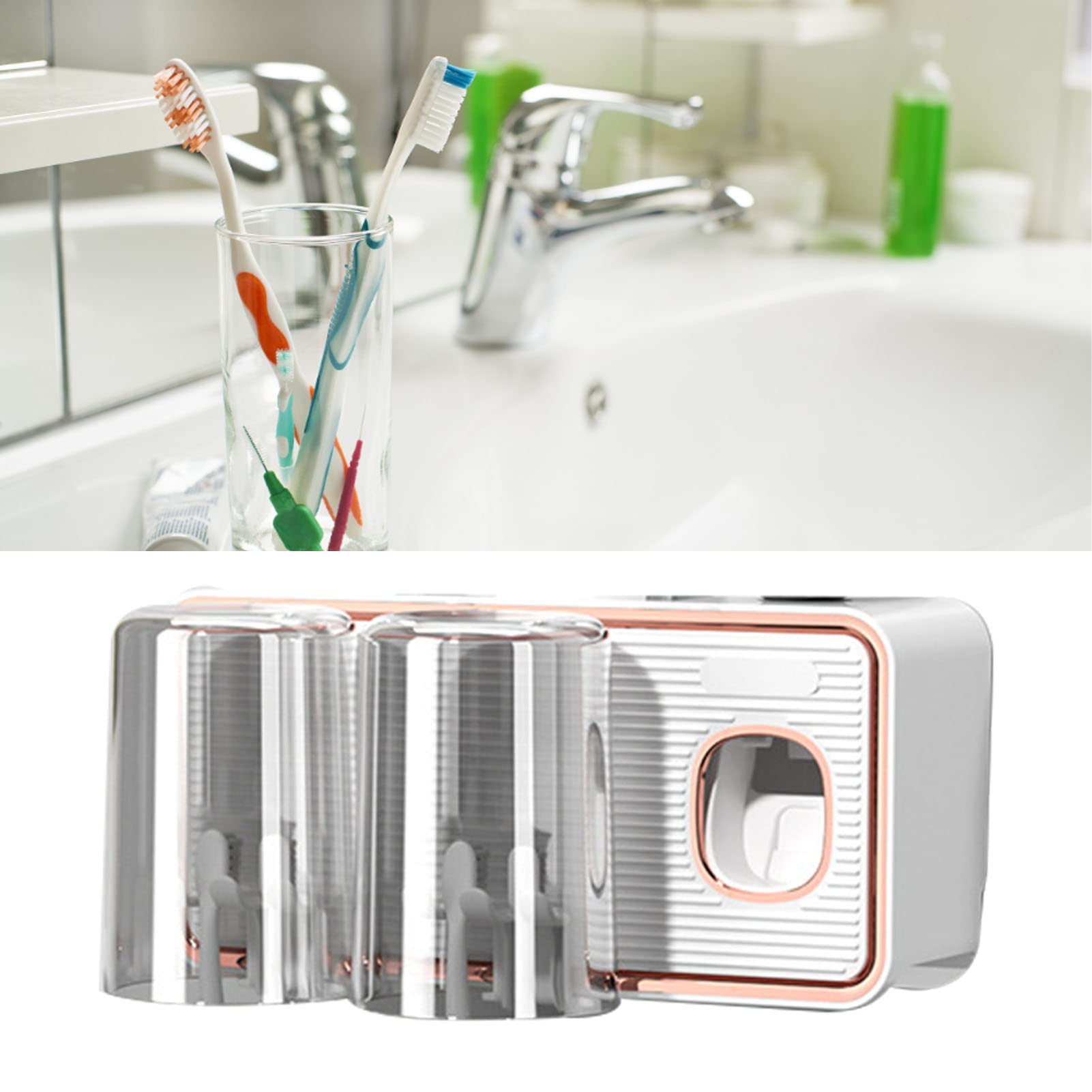 Estante para cepillos de dientes sin perforaciones con dispensador automático de pasta de dientes