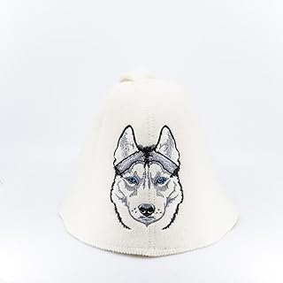 Natural Textile Sauna Hat 'Sauna Husky' Bell White - 100% Organic Wool Felt Hats for Russian Banya - Protect Your Head from Heat - Sauna eBook Guide Included - with Embroidery
