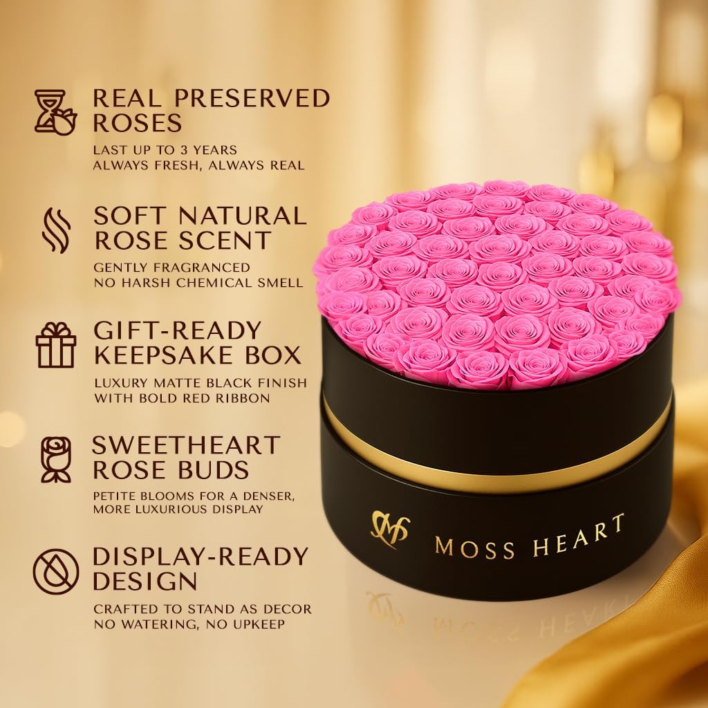 50 Preserved Roses in Designer Round Box, Real Forever Roses, Long-Lasting 1+ Year, No Watering, Luxury Home Décor Arrangement, Valentine’s Day Gift for Wife or Girlfriend - Image 3
