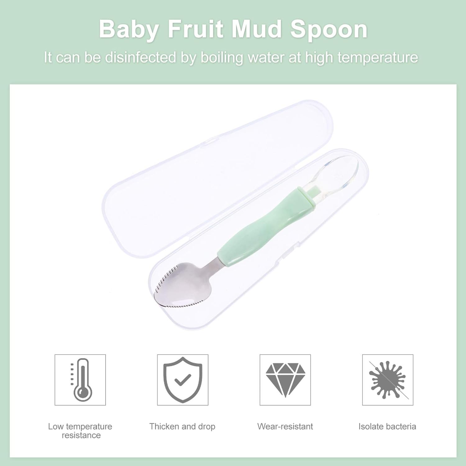 Kisangel 2 Pcs Baby Food Scraper Spoon, Double-Head Silicone Feeding Utensils for Infants, Serrated Stainless Steel Fruit Puree Scoop, Soft Training Spoon for Solids, Green