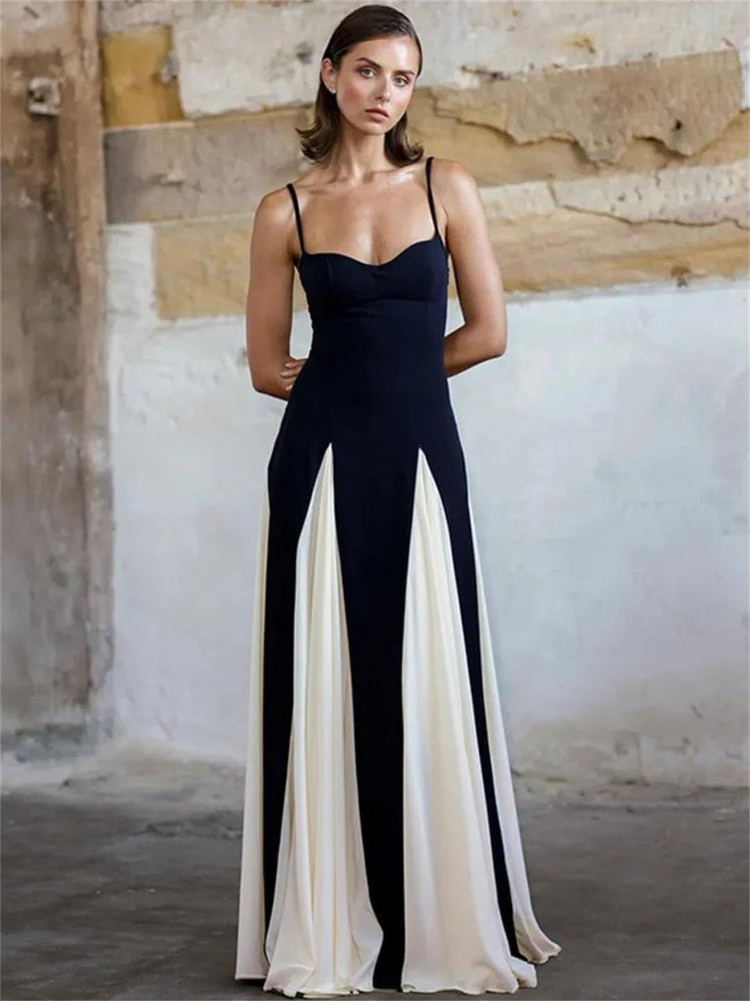 Sunfere size M/L Women Elegant Patchwork Spaghetti Strap Long Dress for Sleeveless Backless Sexy Evening Maxi Dress