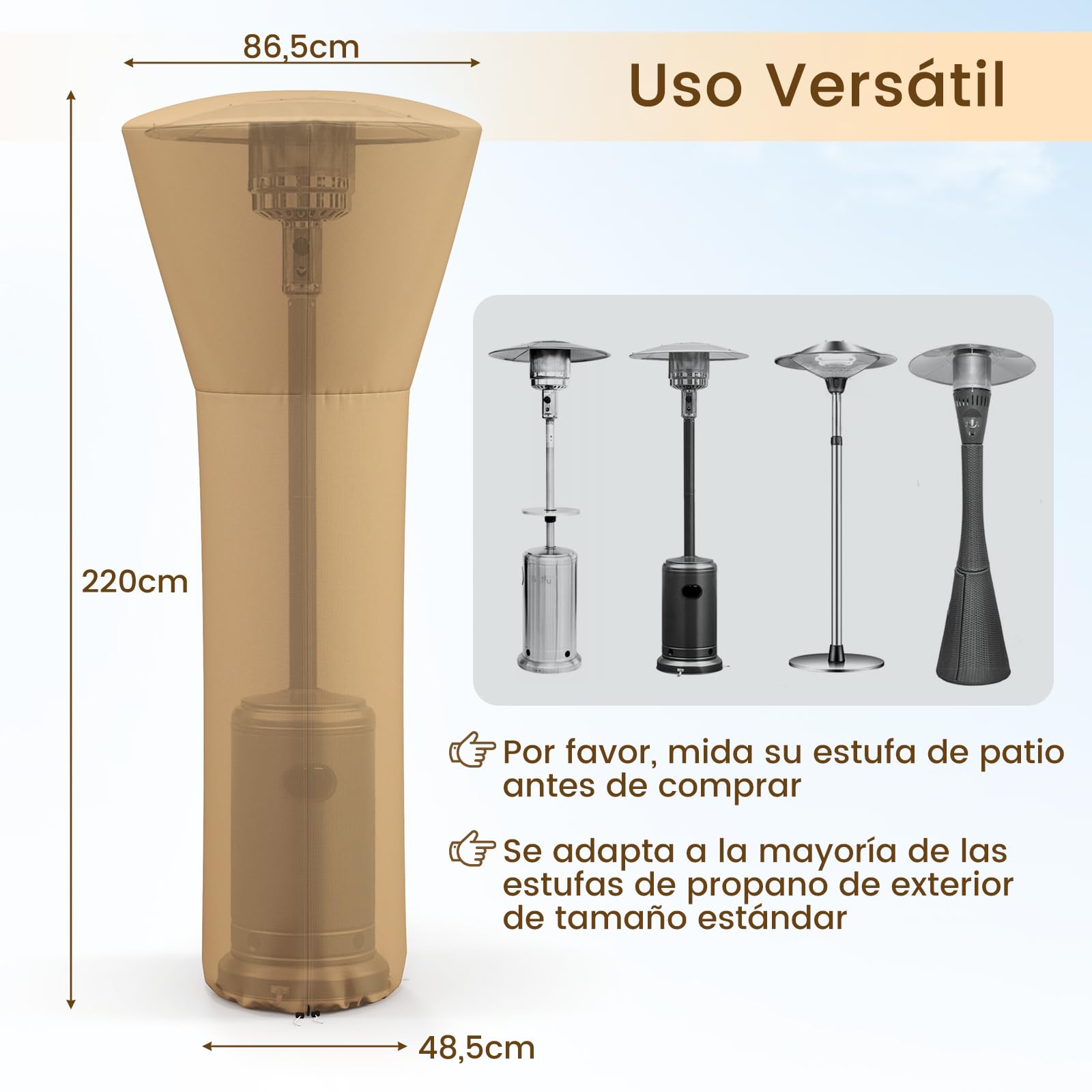 COSTWAY Funda para Calentador de Patio, Cubierta Impermeable para Calentador Exterior de Tela Oxford con Cremallera y Bolsa, contra Rayos UV, Resistente a la Intemperie, 220x86,5x48 cm (Beige)