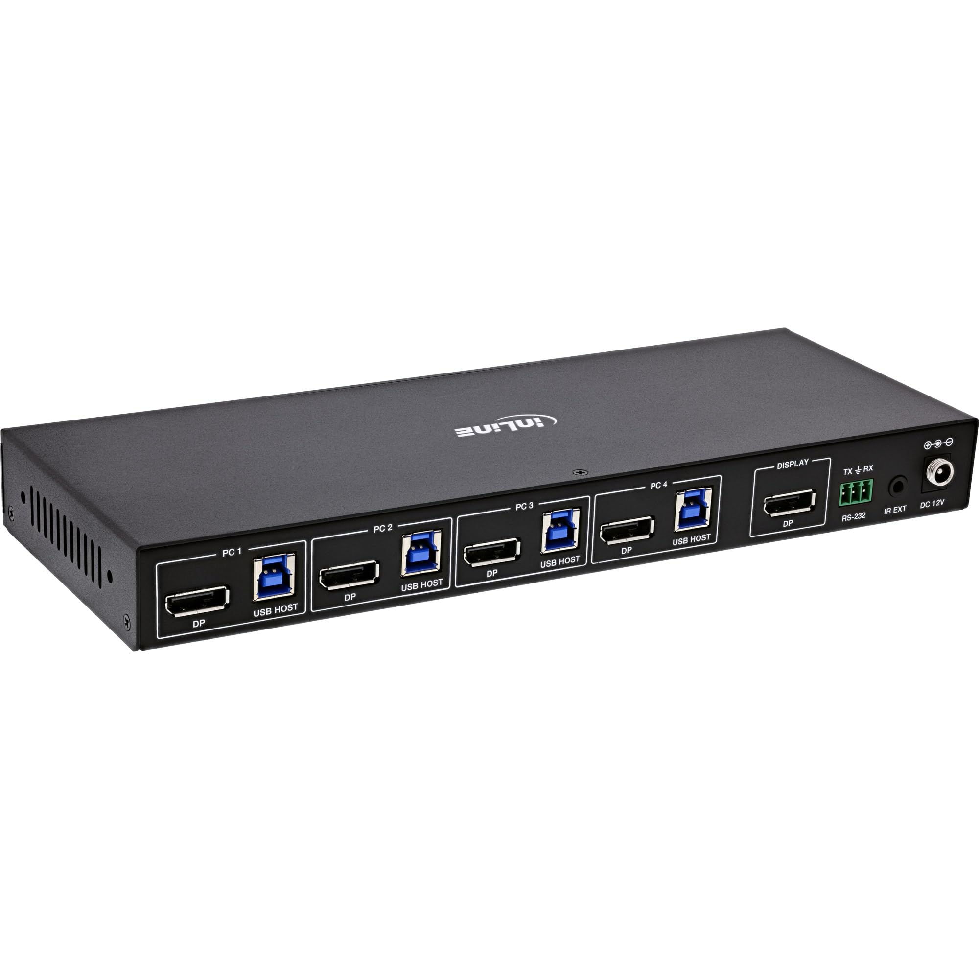 Inline DisplayPort KVM Switch 4 Porte 4K 60Hz DP 1.4a USB RS232 | 4 computer tramite una postazione di lavoro, 4K 60 Hz, USB KVM, hotkey, controllo IR e RS232, alloggiamento in metallo