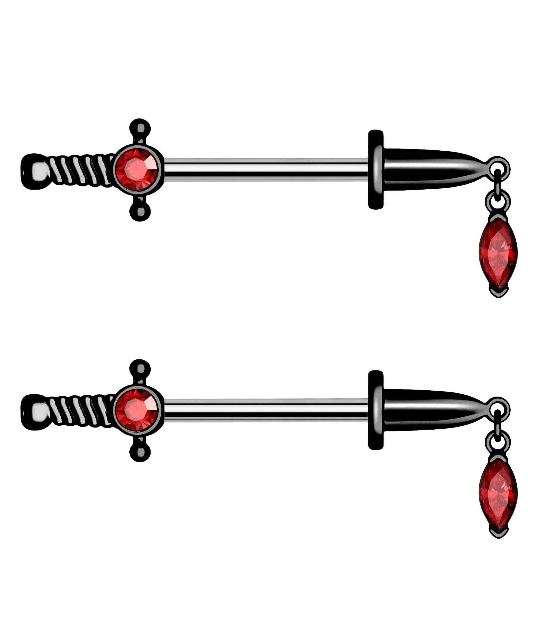 CM Crareesi ManiaDagger Nipple Bars 14G Nipple Barbell Rings 316L Surgical Steel Goth Dangle Red Gem Nipple Shield Piercing Jewellery