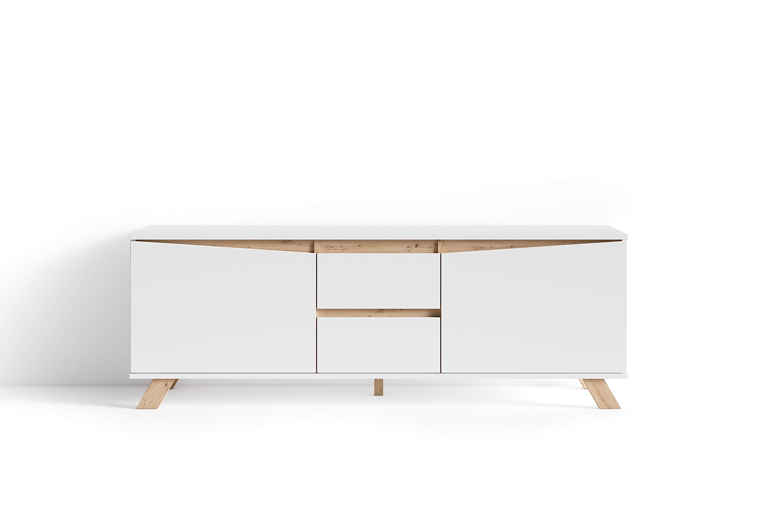 byLIVING TV-Board Valentin, Fernsehtisch mit 2 Türen und 2 Schubkästen | Lowboard matt weiß mit Absetzung in Eiche-Optik, Fernsehschrank im Scandi-Style, Grifflos, B 160, H 60, T 38 cm