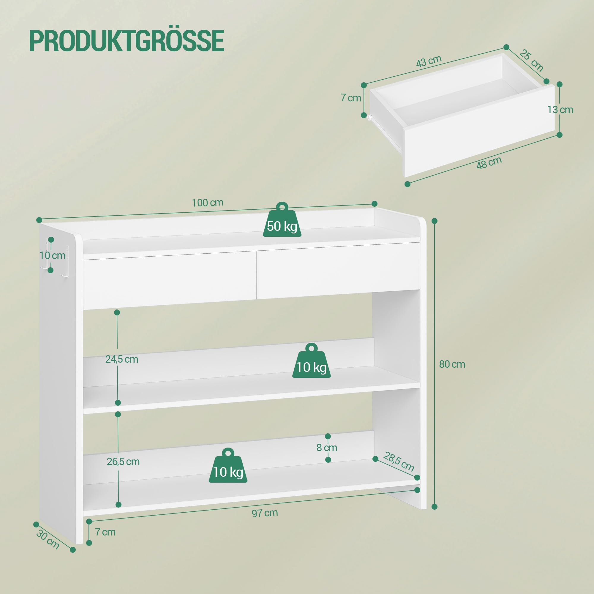 Hzuaneri Konsolentisch mit Schubladen, Flurtisch mit 2-Stufigen Ablagefächern, Beistelltisch mit Tischplattenreling, Zwei Haken auf Jeder Seite, für Flur, Wohnzimmer, 100 × 30 × 80 cm, Weiß CT01603X