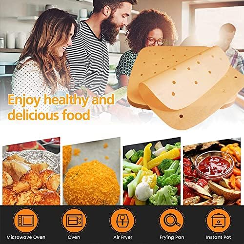 VIKKI Air Fryer Liners, 8.5 Inch Square 100 Pcs Non-Stick Parchment Paper Steamer Liners Perforated Food Grade Disposable Baking for Oven Bamboo Frying Pan (Free Oil Brush)