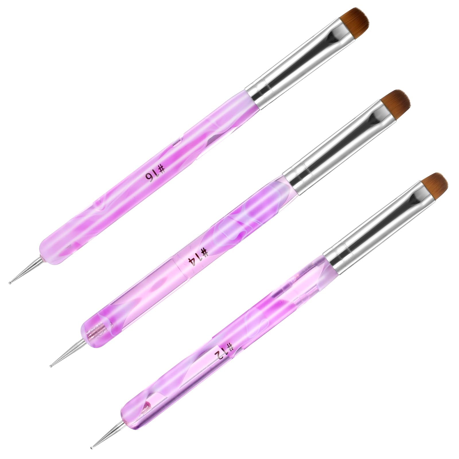 JIEYAO 3 Pcs Acrylic French Gel Nail Art Brush, 3 Size #12 & #16 Two Way Manicure Brush with Dotting Tool Professional Manicure Tool for Detailed Designs,