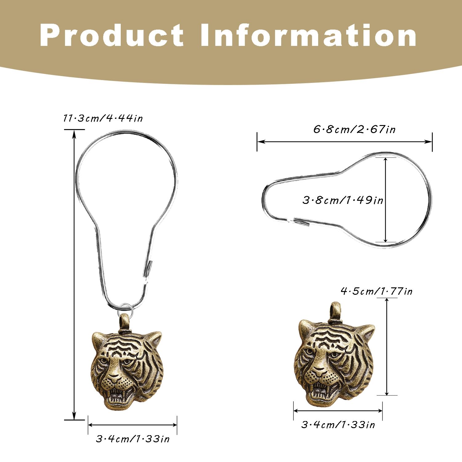 12 PCS Tiger Shower Curtain Hooks Animal Shower Curtain Hook Rust Proof Metal Stainless Steel Curtain Ring for Wild Beasts in The Forest Theme Home Bathroom Decor