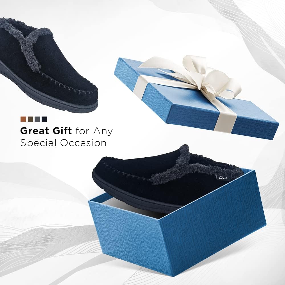 Clarks Men's Suede Leather Sherpa Lined Ankle Bootie Slippers, JMH1952 - Indoor/Outdoor Slip-Ons - Comfy & Durable Ankle Boots with Plush Lining Padded Insole & Gripped Rubber Outsoles