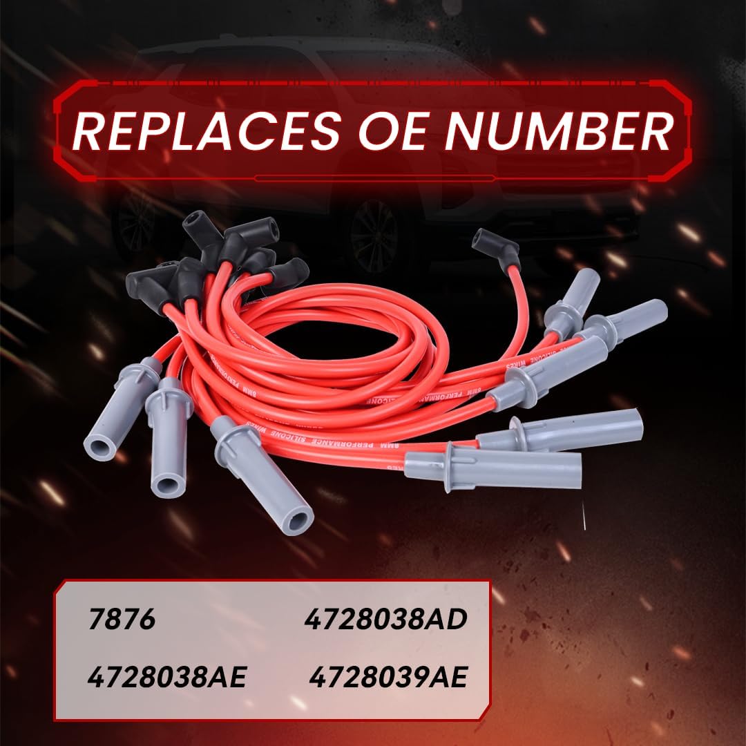 RLP Silicone Spark Plug Wires Set Red 8.0mm Compatible with Dodge B1500 2500 3500 D150 250 350 Dakota Durango Ram 1500 2500 3500 Van V8 5.2L/5.9L Replace 4728038AD 4728038AE-Pack of 9