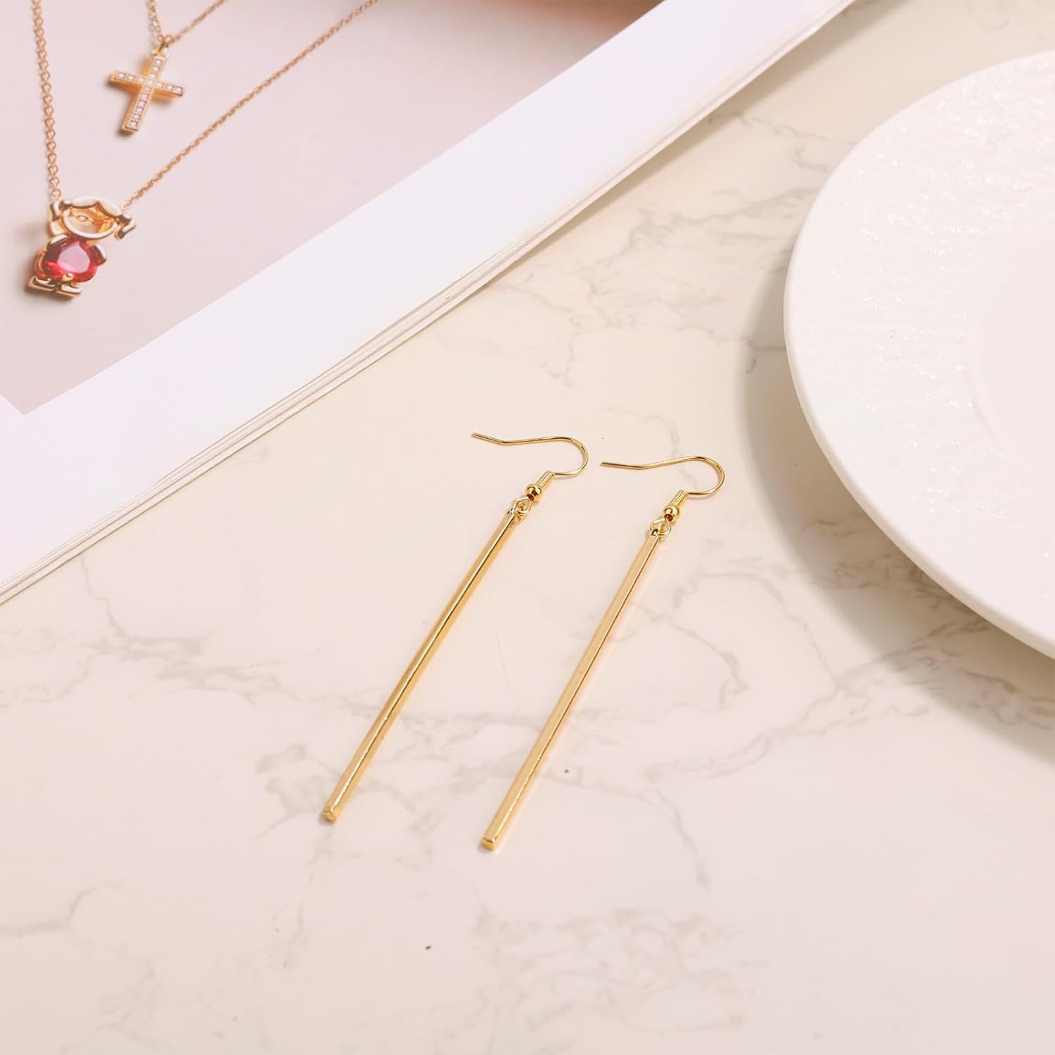 Long Bar Dangle Earrings for Women, Gold Plating Minimal Vertical Drop Earrings Dainty Geometric Statement Jewelry for Wedding & Party - Image 3