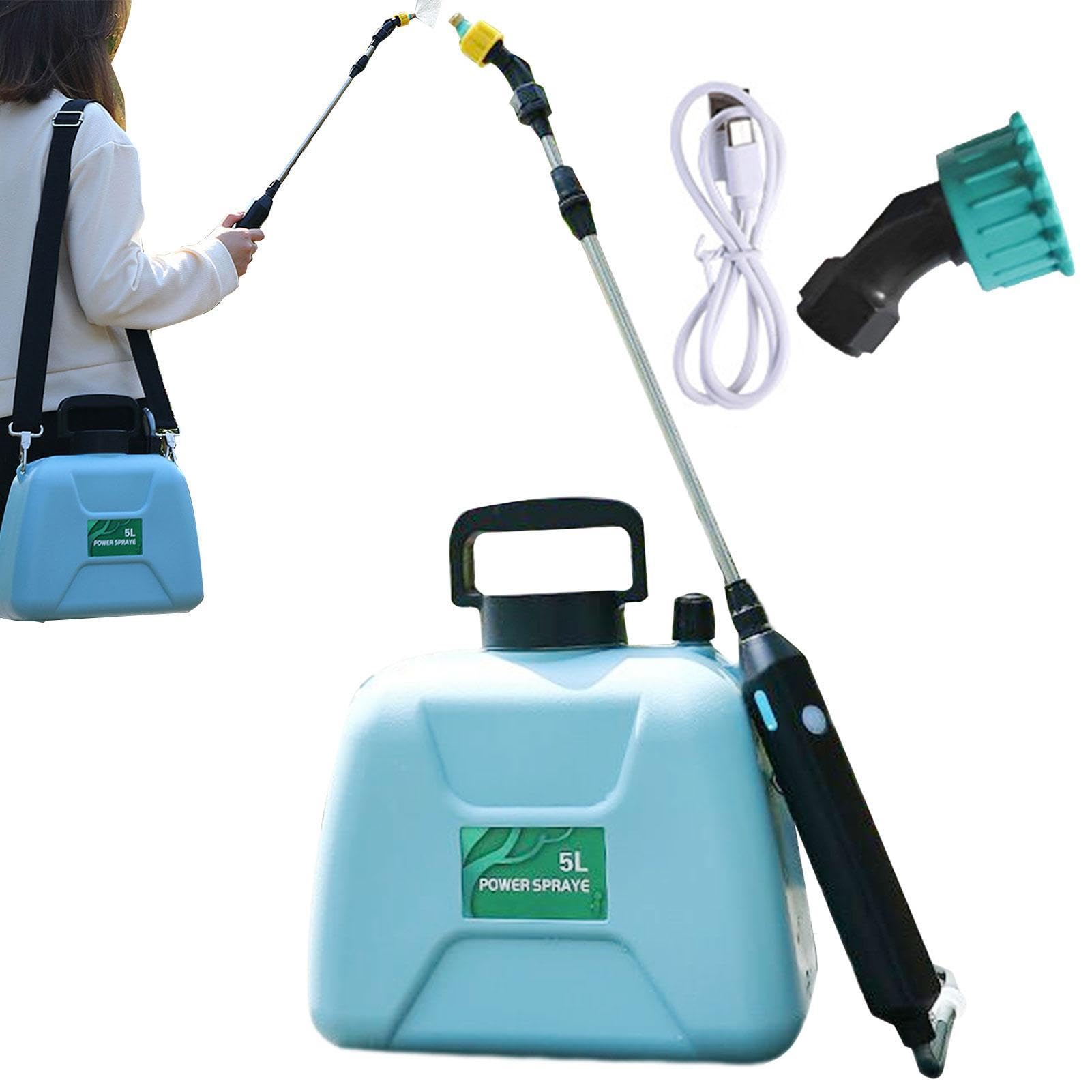 Spruzzatore alimentato a batteria, 5 l, spruzzatore per prato da giardino | pompa USB | Spruzzatore liquido da giardino con bacchetta telescopica, 2 ugelli spray e tracolla regolabile per piante da