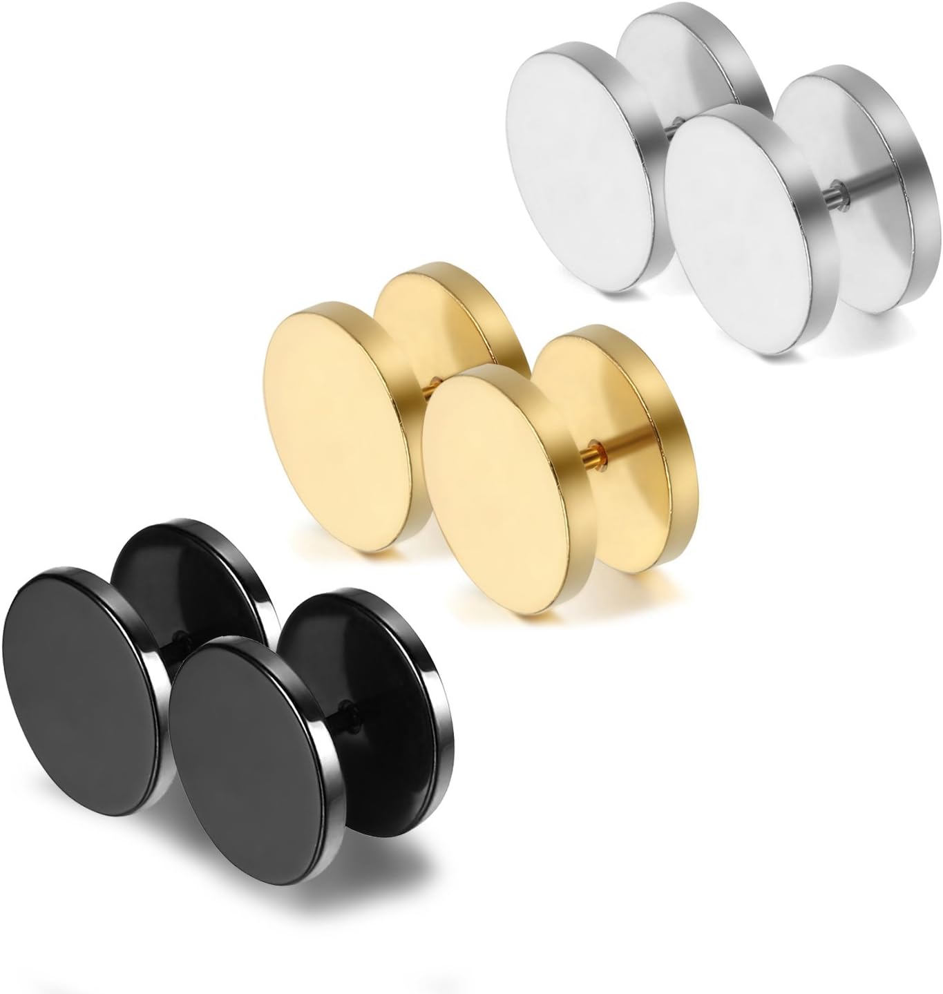 Cupimatch 3Pairs 3mm-12mm Screw Stud Earrings Mens Stainless Steel Cheater Fake Ear Plugs Gauges Illusion Tunnel, Black/Silver/Gold
