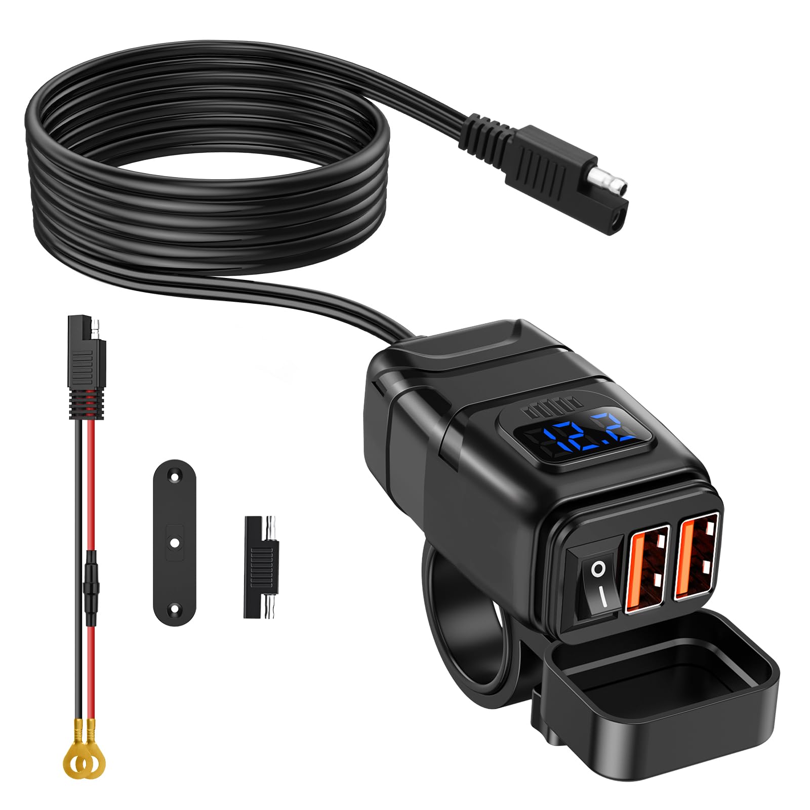 ZEXMTE Chargeur USB pour moto, 6,8 A, charge rapide 3.0, double USB, avec voltmètre et interrupteur marche/arrêt, prise de moto étanche pour téléphones, tablettes, appareils photo numériques, GPS