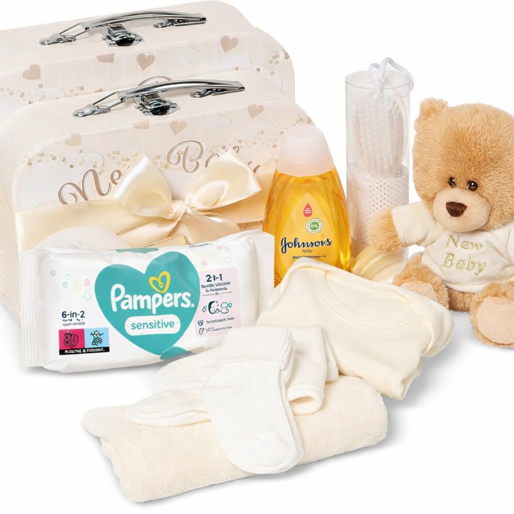 BABECTOY Set Regalo Neonato, Regalo Nascita per Bambini e Bambine-Asciugamano Lenitivo, Bavaglino, Massaggia Gengive, Coperta per Neonati, Milestone Baby Cards, Impronta Mani e Piedi Neonati (white