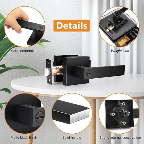 Probrico Heavy Duty Flat Black Square Privacy Interior Door Levers Bedroom and Bathroom Door Handles Keyless Bed/Bath Lockset (5 Pack)