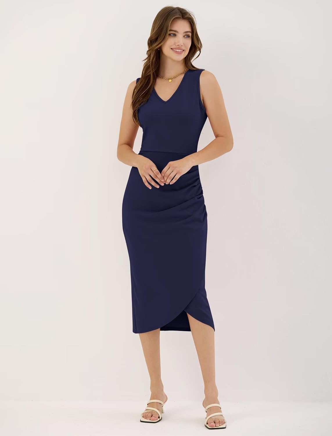 ZAFUL Womens Sleeveless Cocktail Dresses V Neck Party Midi Wedding Guest Dress Ruched Bodycon Work Office Dress - Image 3