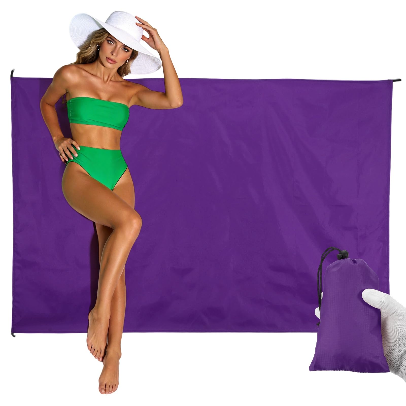 YELARXI Beach Blanket, Waterproof Foldable Beach Mat Compact Sand Free Quick Drying Beach Essentials with Carry Bag and 4 Pcs Stakes for (Beach/Camping/Hiking/Picnic) 55 x 39 & Purple