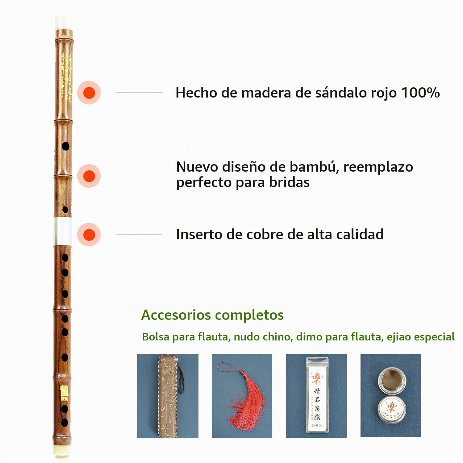 Flauta profesional C clave Dizi para principiantes con membrana libre y pegamento conjunto tradicional chino rojo sándalo instrumento (C KEY)