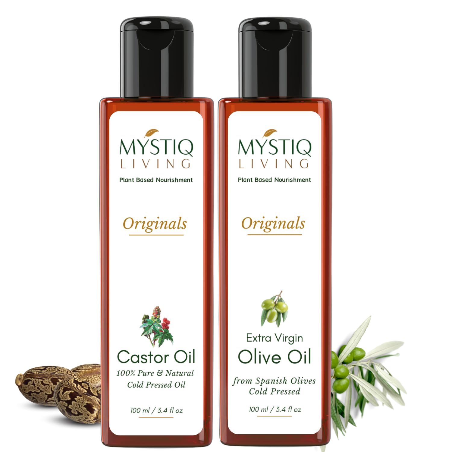 Mystiq Living Extra Virgin Olive Oil and Castor Oil Combo for Skin Care, Hair, Massage & Body | Cold Pressed, 100% Pure and Natural - 100 ML each (200 ML)