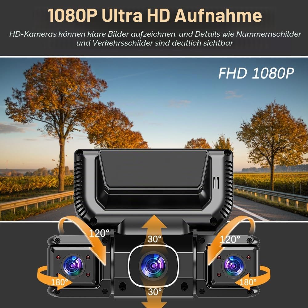 4-Kanal-Dashcam mit WLAN und Nachtsicht,360° All-Around Protection,4-Channel 360° Dash Cam,4 Kanal Dashcam Auto Vorne Hinten Innen Seiten mit Nachtsicht,G-Sensor (64G,Zigarettenanzünder)
