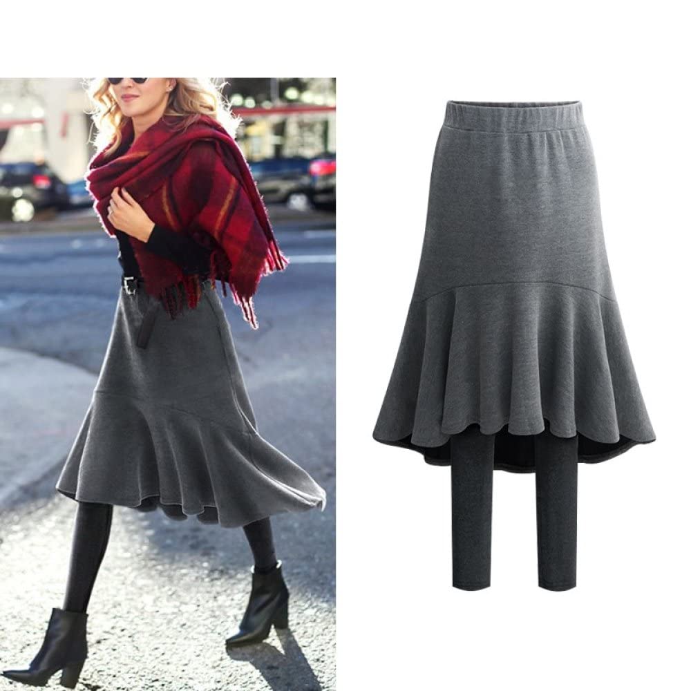 Thermoleggins Für Damen,Frauen Thermal Leggings Fashion Plus Size Grau Gefälschte Zwei Plissee Rock Hoch Taillierte Leggings Dick Gestrickt Dehnbare Hose Strumpfhose Für Den Winter I