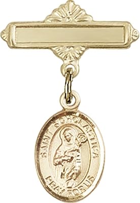 Gold Filled Baby Badge with St. Scholastica Charm and Polished Badge Pin 1 X 5/8 inches