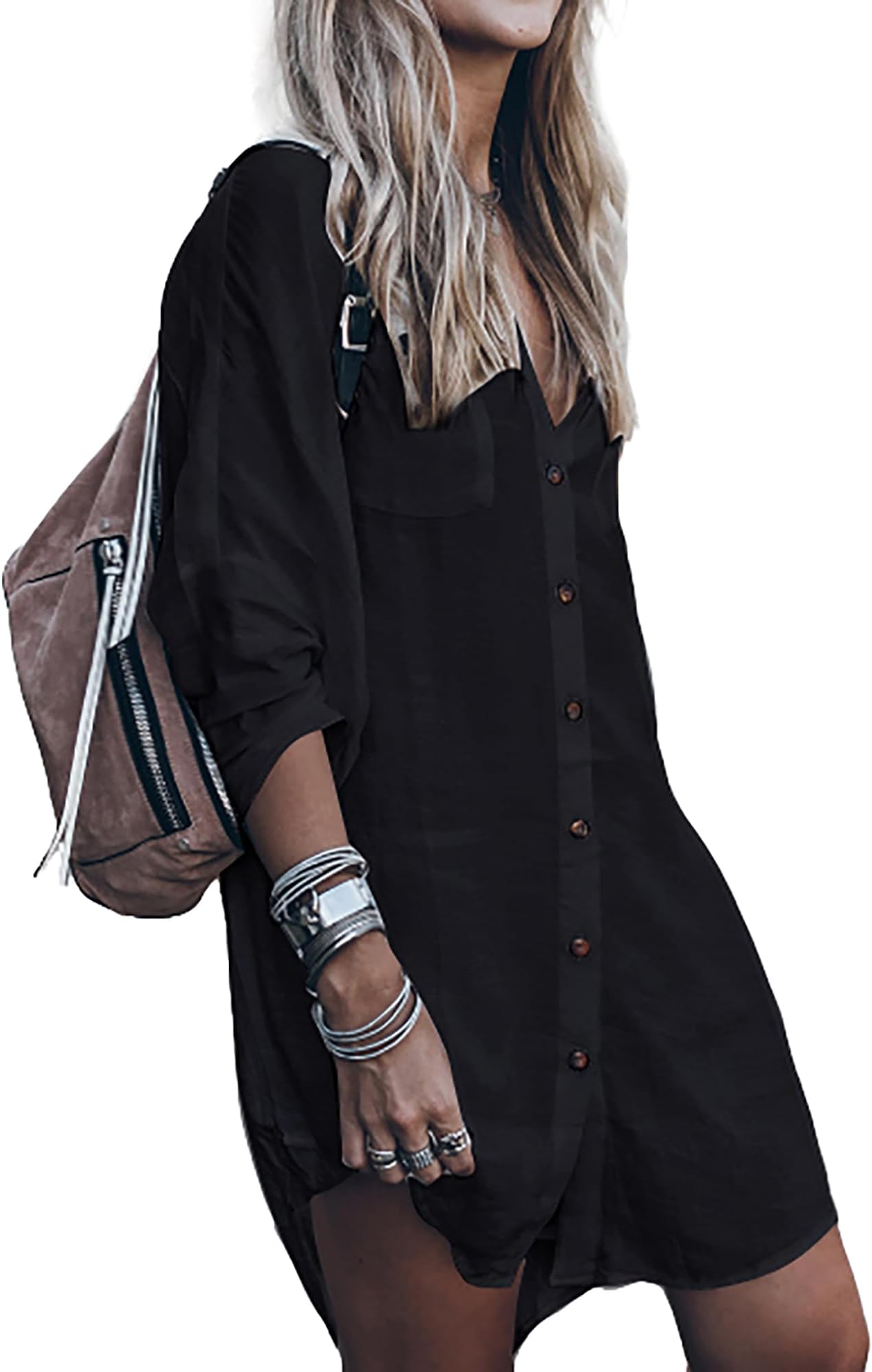 Bsubseach Women Loose Long Sleeve Swimsuit Cover Ups Button Down Beach Shirt