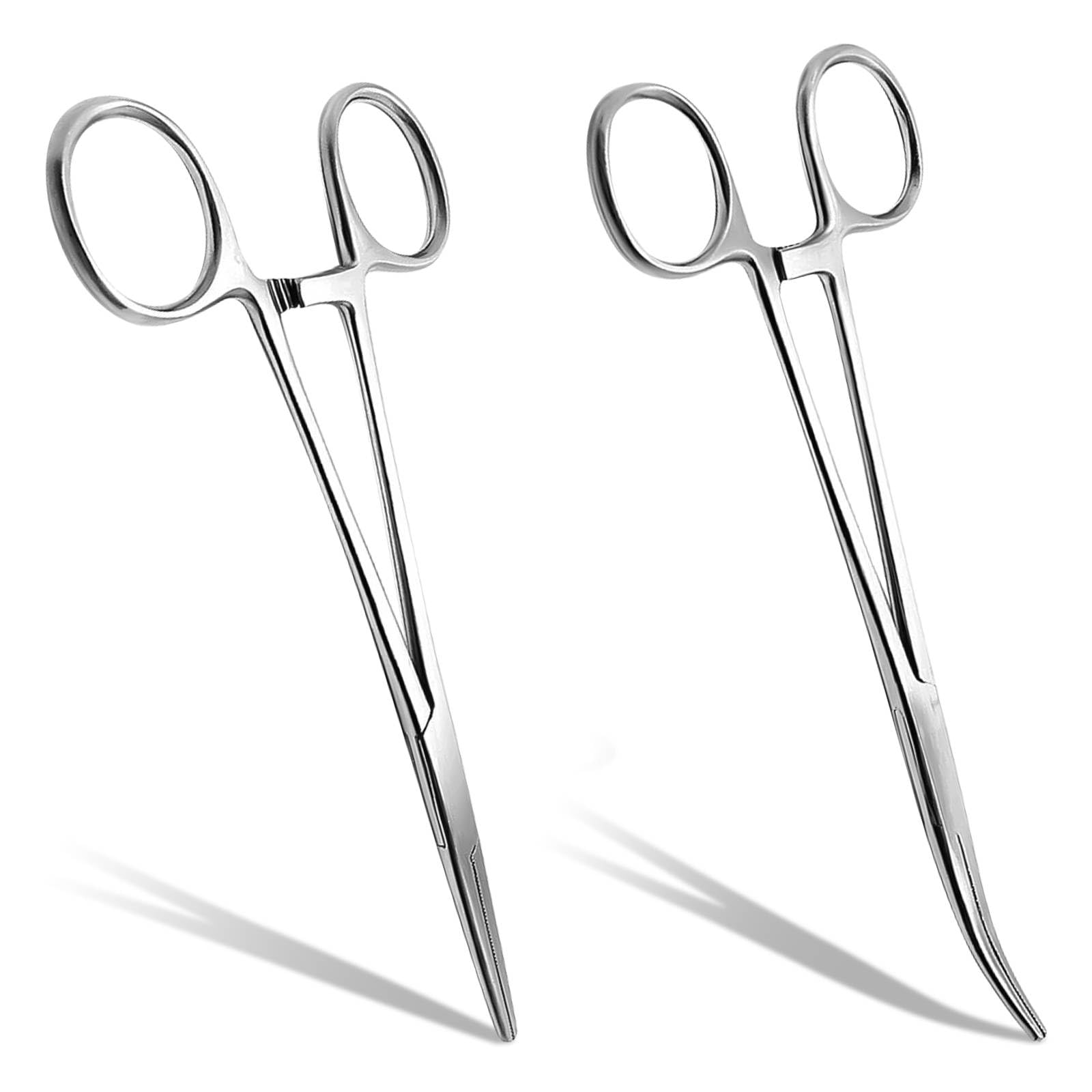 Henyall 2PCS Fishing Pliers,Self-Locking Hemostat Forceps,Fishing Forceps,Straight & Curved Stainless Steel Tweezers for Dog Ear Hair Grooming,Piercing,Fishing Hook Remover,Suturing,DIY Craft（12.5cm）