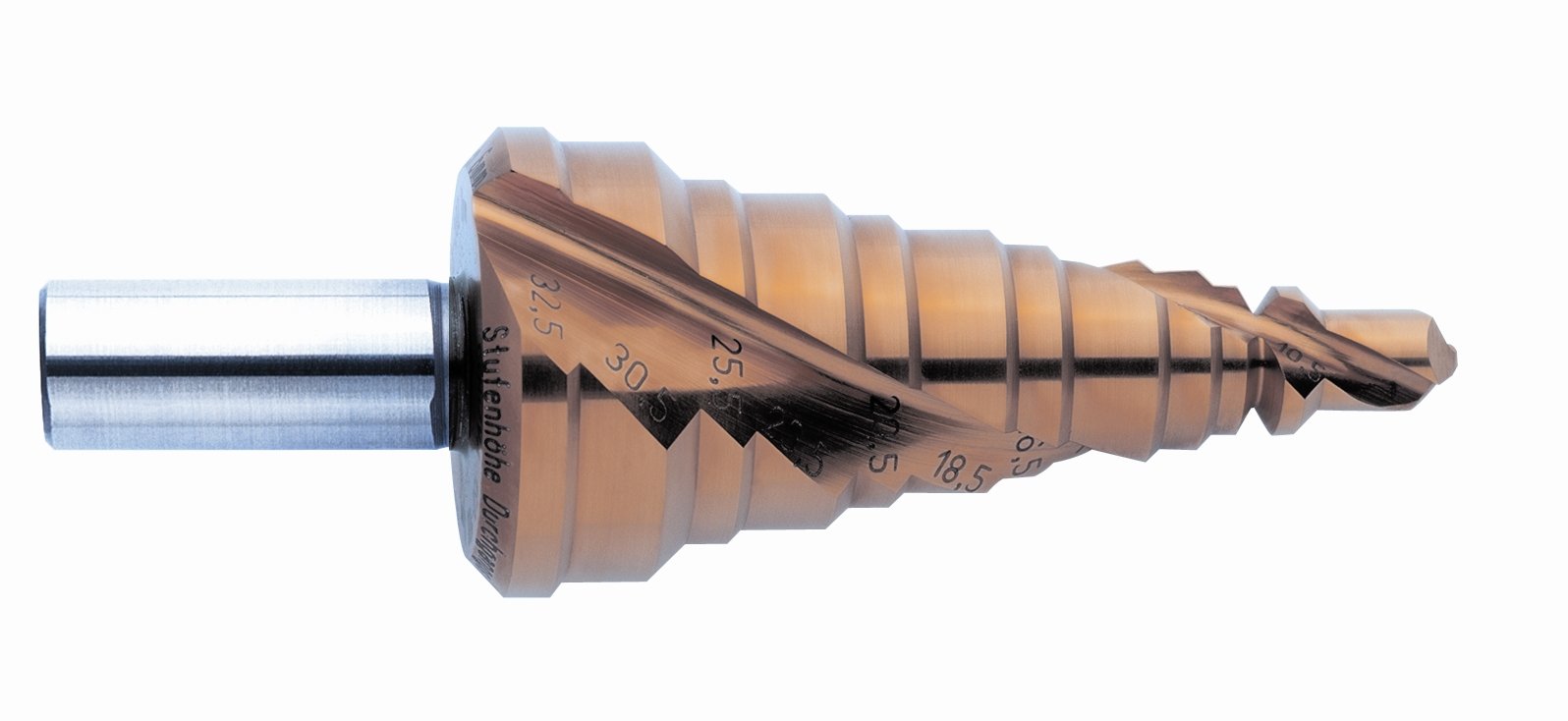 Exact 05313 wiertło stopniowe o wysokiej wydajności stal EC 10, powłoka TiN, Mf 12 x 1,5 - Mf 32 x 1,5