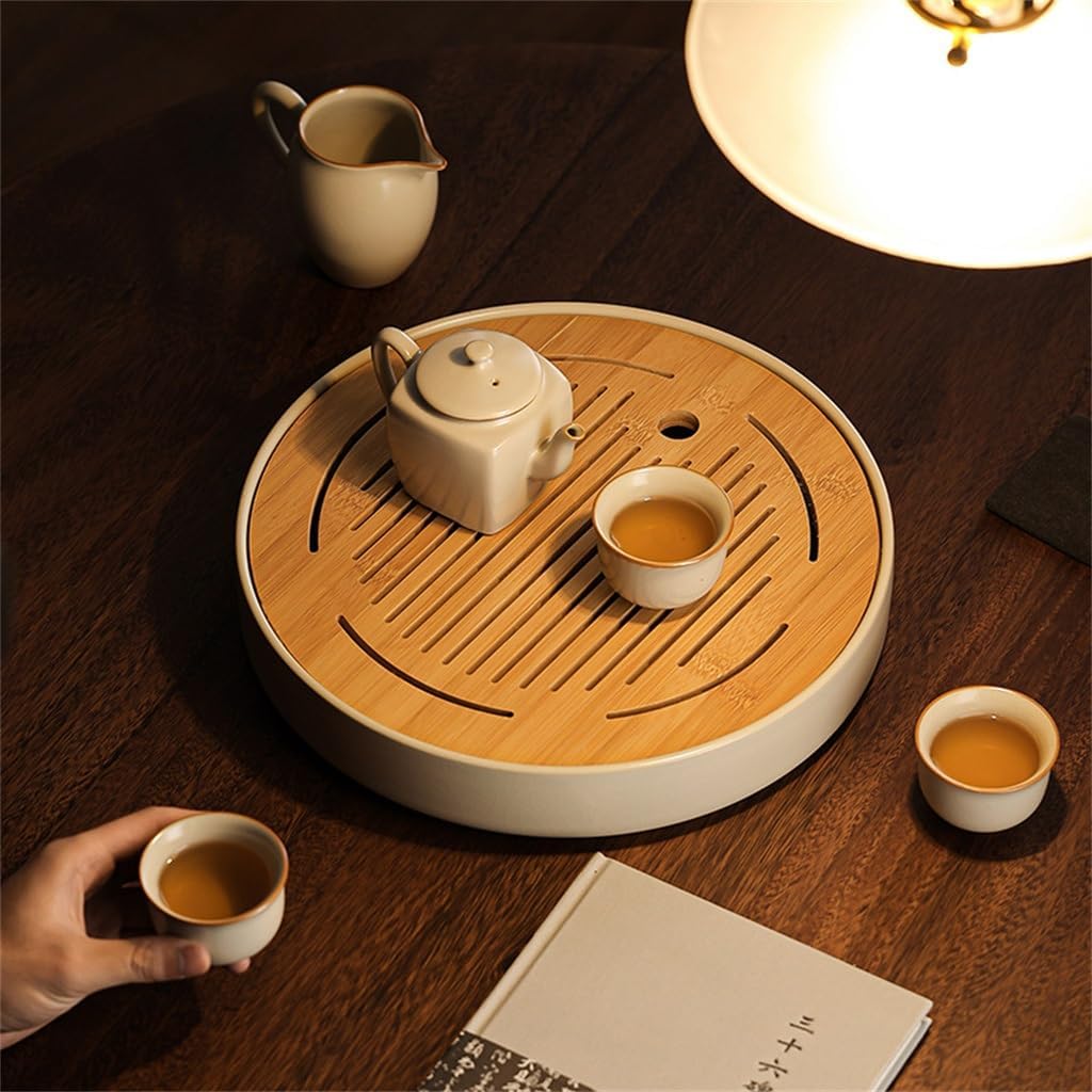 Beige Ru Kiln Pottery Round Tea Tray Household Water Storage Pot Table (As Show Fits All)