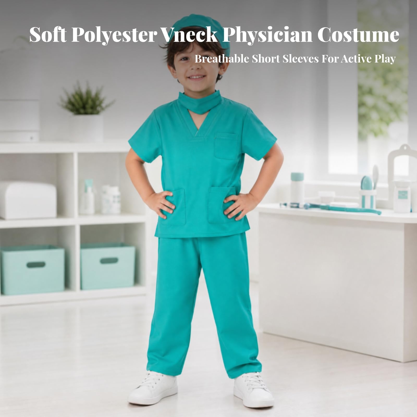 Kinder-Arztkostüm aus Polyester elastischer Bund OP-Kostüm mit Hose und Kappe leicht Krankenschwester-Spielset für Rollenspiel, Rosa, 110CM