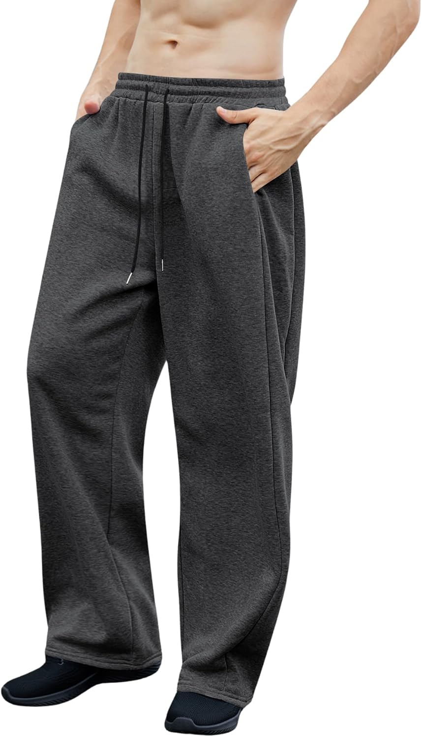 OYOANGLE Men's Drawstring Waist Straight Wide Leg Baggy Pants Workout Athletic Sweatpants with Pocket