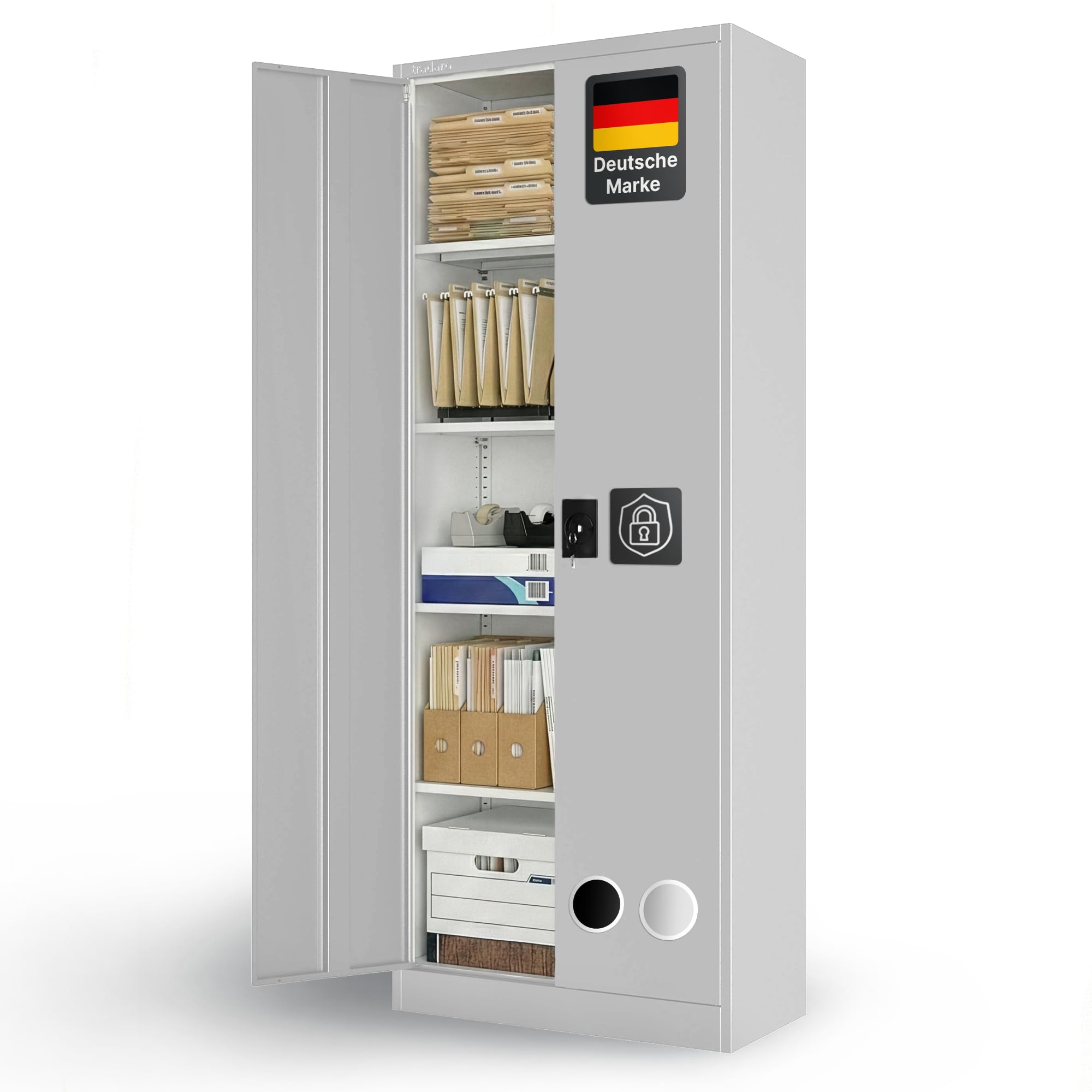 Aktenschrank – Abschließbarer Stahl-Aktenschrank – Büroschrank, Allzweckschrank mit höhenverstellbaren Böden – Robuster Metallschrank, Aufbewahrungsschrank für Büro, Werkstatt, Lager (Grau)