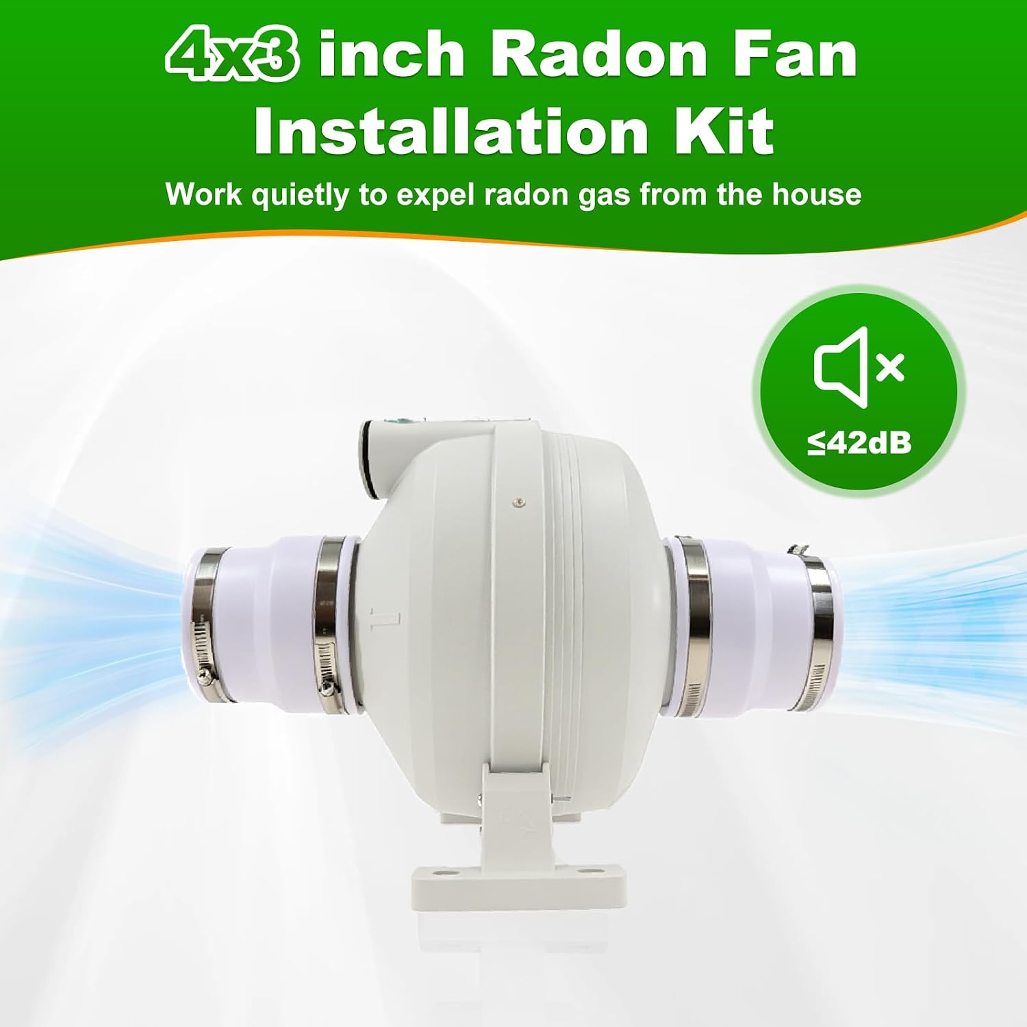 4 Inch Radon Fan Installation Kit, 260 CFM Radon Mitigation System Kit with Rubber Couplers (4 x 3 inch) and Air Pressure Indicator, IP67 Dust Centrifugal Fan for Indoor Outdoor