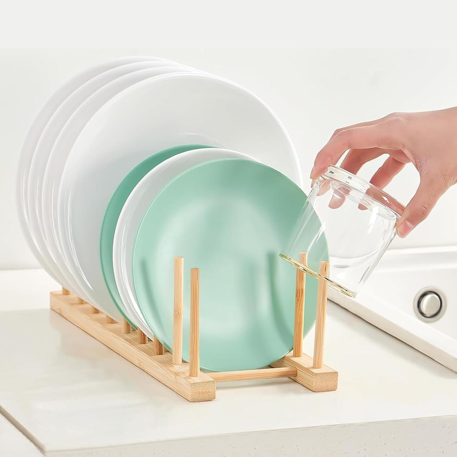 6 Pack Bamboo Dish Dying Rack 8-Slot Wooden Plate Stand Holder Pot Lid Organizer Home Kitchen Cabinet Drainer Storage Racks for Dish, Pots, Lids, Bowls, Cups, Cutting Boards, Books - Image 5