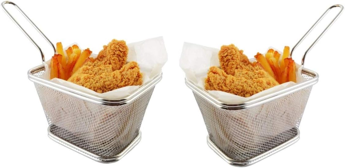 Stainless Steel Mini French Fries Basket Square Fryer Baskets, FDA Grade Kitchen Cooking Tool Food Presentation Tableware (Large 5inch 2pcs pack)