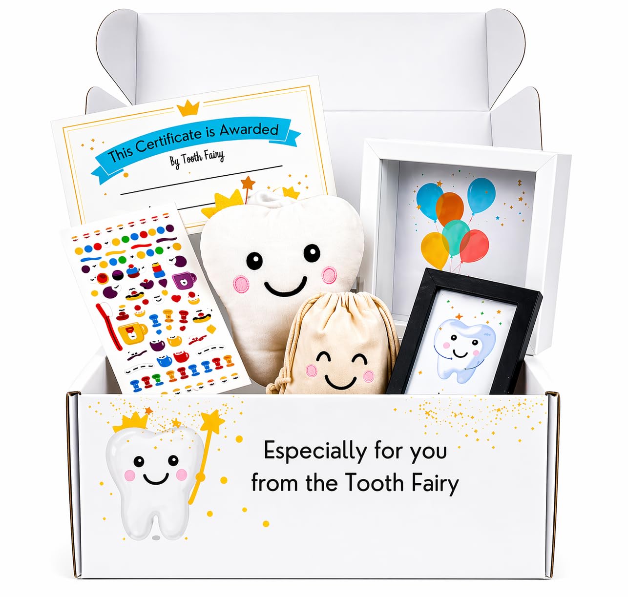 Tooth Fairy Gift Set for First Lost Tooth – Pillow, Coin Bank, Certificate, Tooth Holder, Keepsake Box, Stickers & Photo Frame – Cute Tooth Fairy Kit