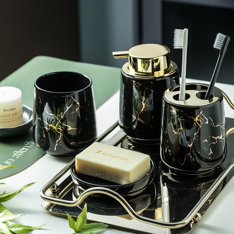 Miniatura 7 de YYW Juego de accesorios de baño de cerámica, dispensador de jabón de mármol, dispensador de loción de mano, soporte para cepillos de dientes, vasos,