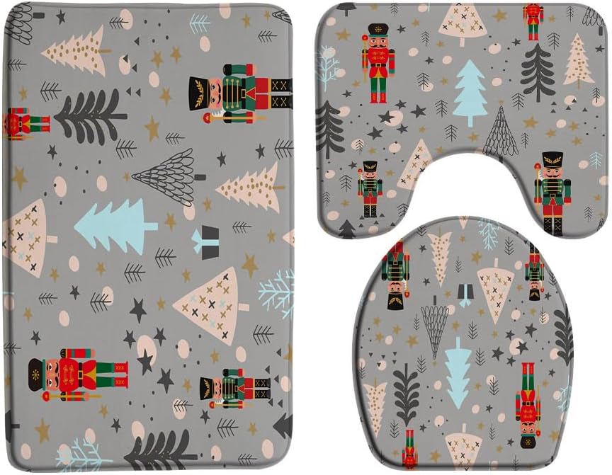 3 Piece Merry Christmas Bath Mat Sets The Nutcracker Colorful Xmas Tree Stars Cute Funny Winter Holiday 24x60 Inches Bathroom Doormat Rugs,Toilet Seat Cover,U-Shaped Floor Mat