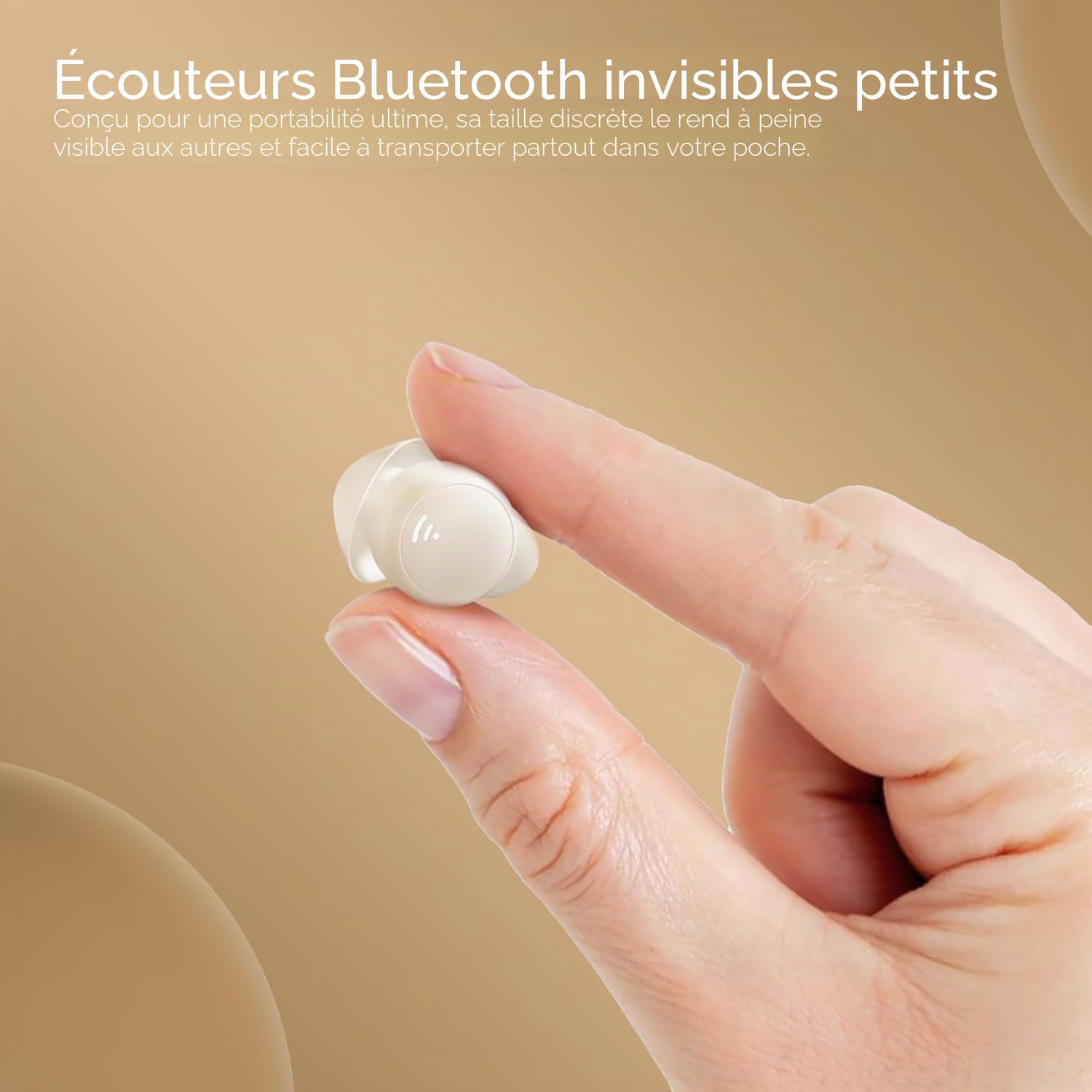 Sleep Earbuds for Side Sleepers Silicone, Mini Casque sans Fil Bluetooth 5.3, Ecouteur Invisibles avec Affichage de Puissance, Casque Sommeil pour l'exercice, Le Travail, la Randonnée(Beige)