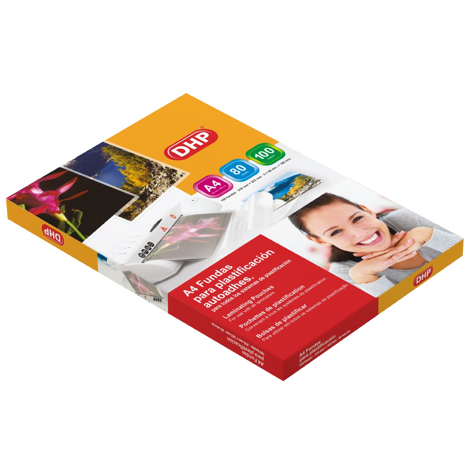 Fundas de Plastificar DHP - Formato A4 autoadhesivas, 80 micras, Brillo, Caja 100 unidades