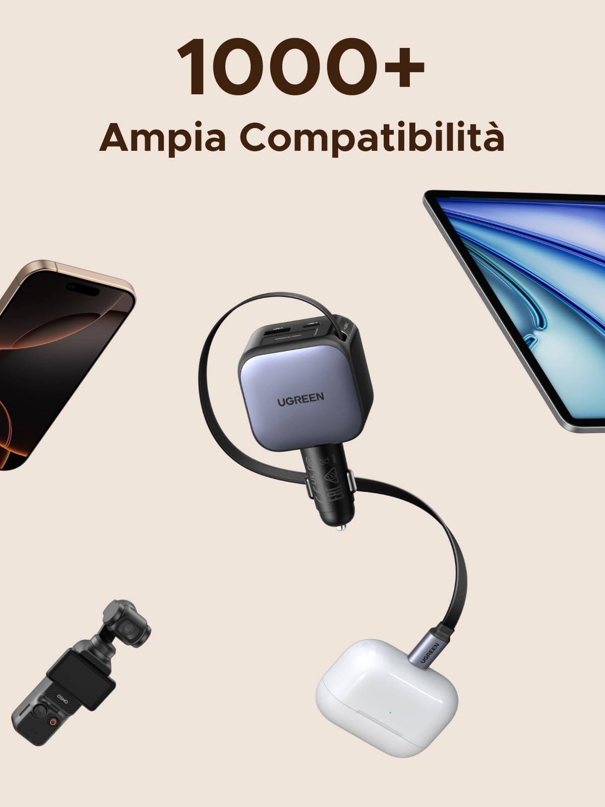 UGREEN 60W Retrattile Caricatore Auto, Caricabatteria Accendisigari USB C 3 Porta Ricarica Rapida, Compatibile con iPhone 17 Pro Max Air/iPhone 16/15/14, Galaxy S25/24, Pixel10/9, MacBook, iPad Pro