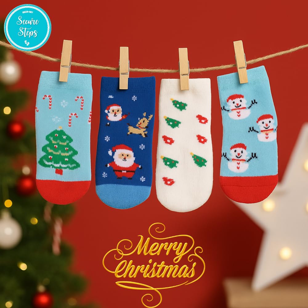 Secure Steps Baby Socks for Kids – Anti Skid Cotton Socks for Baby Girl & Boy | Soft Warm Winter for 3–5 Years | Made in India Toddler Crawling | Premium Festive Children Socks | Pack of 4 4