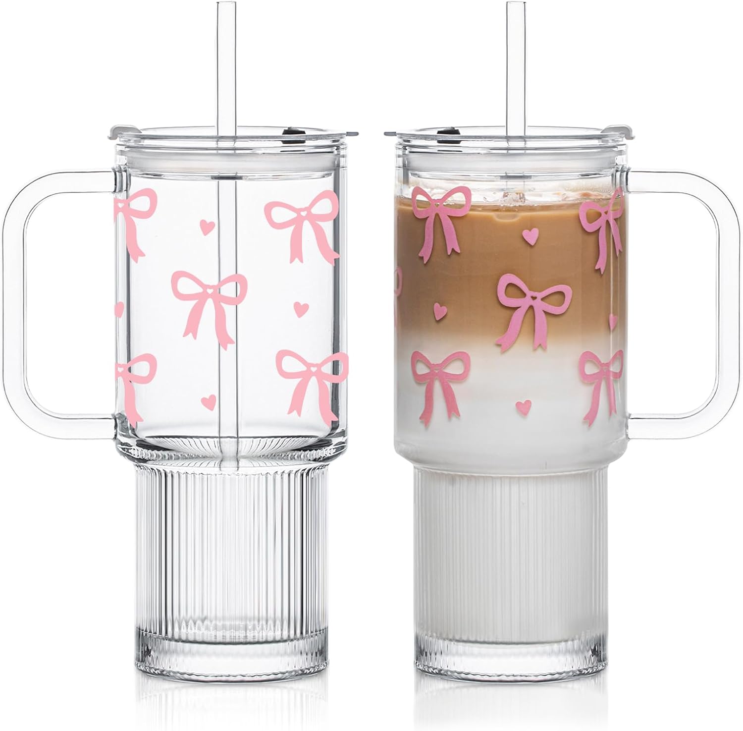INSETLAN 26oz Cute Pink Bow Glass Cup with Lid and Straw, Girly Preppy Aesthetic Glass Tumbler with Handle, Birthday, Valentine’s & Christmas Gift for Women, Teens & Friends