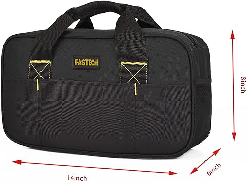 FASTECH Heavy Duty Tool Bag 14-Inch, Wide Mouth Tool Tote Bag, Waterproof Tool Organizer Bag, Electricians Repairman Tools Tote Bag (Black)