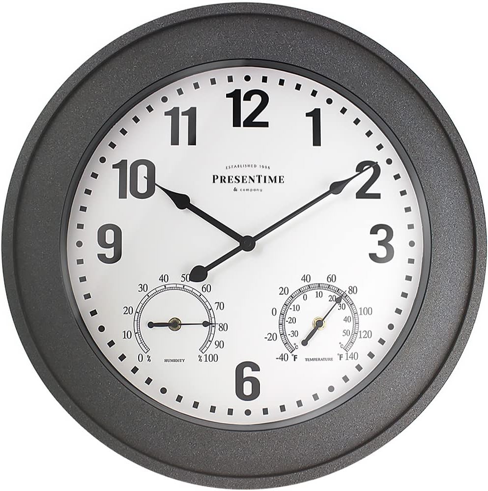 Presentime & Co. 20" Bradford Indoor/Outdoor Farmhouse Clock with Weather Station, Gray Stone Finish