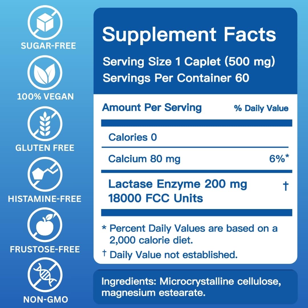 18,000FCC Pill with 60 caplets. Extra Strength Lactose Intolerance Enzyme Dairy Pill, Extra Thin, Portable, Easy Swallow. Works with Popcorn, Yogurt, Cheese, Seeds, Milk, Beans & More. — Amazon image 4